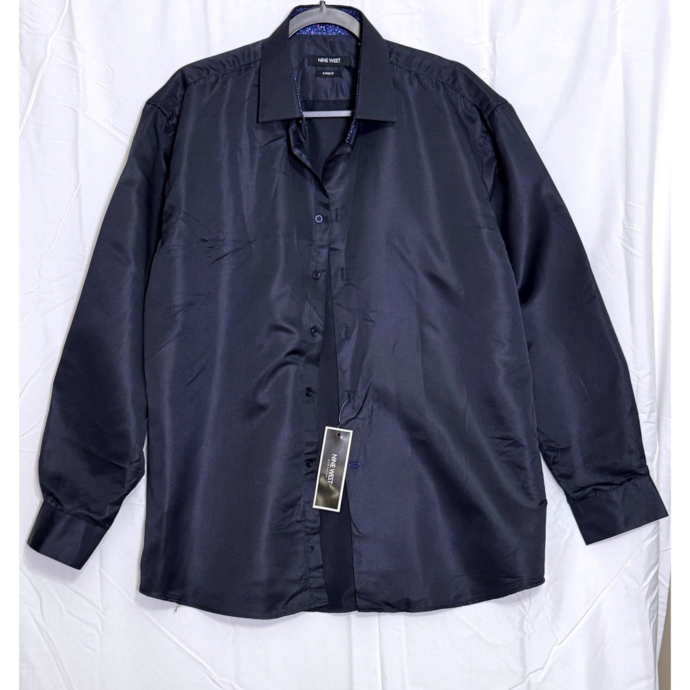 Nine West Men's Classic Fit Navy Solid Sateen Dress‎ Shirt M 15-15.5 34-35